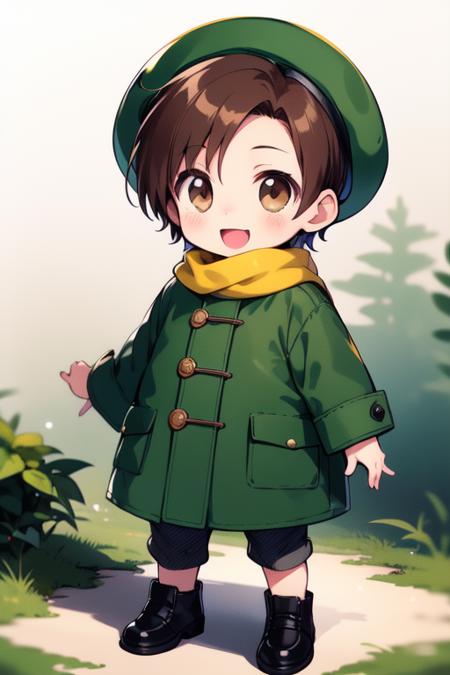 <lora:rokujoumugi:0.7> rokujoumugi, 1girl, solo, short hair, brown hair,  brown eyes,  child, chibi,
fur hat, yellow scarf, green coat, brown pants, shoes, happy, standing, forest, looking at viewer,
masterpiece, high quality, very_high_resolution, large_filesize, full color,