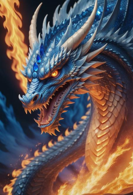 Dragon from "Dragon's Bind" made out of fire and sapphire,  Native Art, Kodak Ektar, masterpiece, UHD, sharp and in focus, flowing, fine detail, vibrant, highly contrasted, highly detail, perfect symmetry, fine polished, luxurious, dynamic background