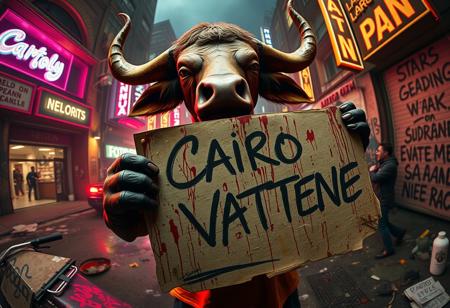 In a dystopian nightmare, a humanized bull stands at the center of chaos, clutching a battered sign scrawled with “Cairo Vattene” in jagged, uneven strokes. Its fairytale charm is warped into something raw and unsettling—blood smears its trembling hands and streaks its face, a haunting testament to survival in a collapsing world. The exaggerated distortion of a Panavision Prime Cine Optics 12mm fisheye lens amplifies its presence, trapping it in a warped reality that feels ready to shatter.
The background is a pulsating hellscape of urban decay: neon lights flicker against crumbling concrete, splatters of blood streak the air like grotesque graffiti, and twisted slogans writhe on walls like living tattoos. Distant sirens merge with distorted, bass-heavy noise, creating a suffocating auditory haze. The bull’s shirt, ragged and soaked, bears the faint remnants of a spray-painted Red Bull logo, smeared and ghostly—an echo of a broken capitalist dream.
Every detail vibrates with tension. The bull’s chest heaves, its human-like eyes flickering between desperation and defiance. The ground beneath it cracks as if the world itself might collapse under the weight of its presence. Both hero and antihero, the bull exudes a raw, unyielding energy, a figure of rebellion and tragedy caught in the crossfire of revolution and ruin. The scene thrums with uncertainty, a visceral blend of violence, humanity, and chaotic thrill.