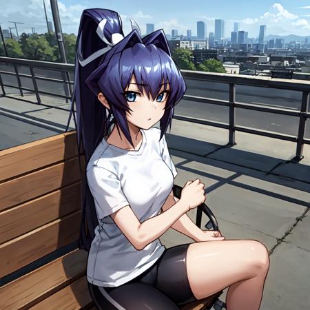 solo, Mitsurugi Meiya, blue hair, blue eyes, high ponytail, sitting on bench, city, t-shirt, bike shorts, crowd