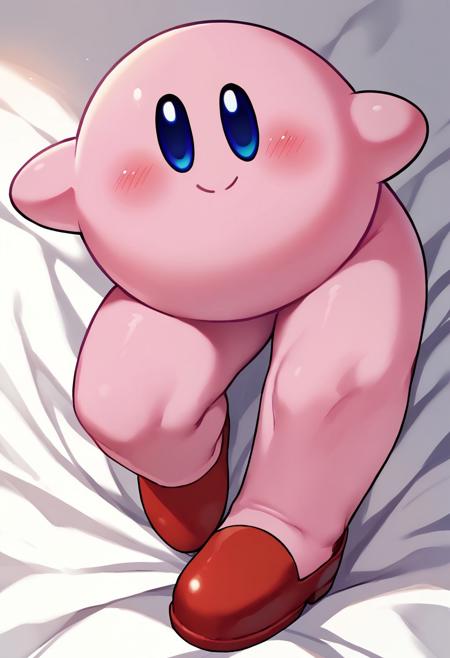 LongKirby, dark blue eyes, pink body, blush, red shoes