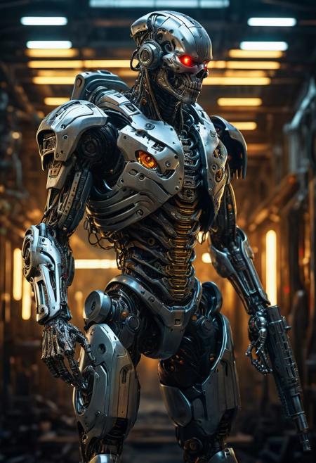 full-body cybernetic uhd cyborg weaponized and ready to fire looking at me still in a full-body-pose, add chain gun, digital Art, perfect composition, beautiful detailed intricate insanely detailed octane render trending on artstation, 8 k artistic photography, photorealistic concept art, soft natural volumetric cinematic perfect light, chiaroscuro, award - winning photograph, masterpiece, oil on canvas, raphael, caravaggio, greg rutkowski, beeple, beksinski, giger, bad-picture-chill-75v