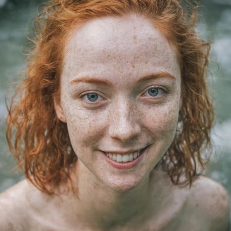 analogue-style portrait of (Emma), (Happy), looking at the camera, sigma f1.4 lens, dramatic composition, cinematic lighting, (hope), (joy), (Japanese onsen), (ginger hair), (freckles)