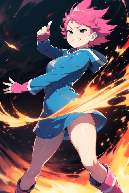 Kumatora, pink hair, black eyes, hoodie, blue hoodie, short hair, tomboy, pink boots, spats, fingerless gloves, thighs, (fire powers), smug grin, forest background, dynamic pose