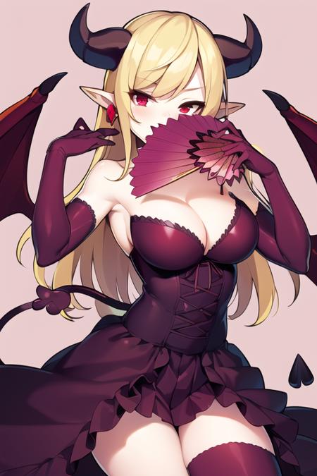 lilith_pad gloves, cleavage, jewelry, earrings, red eyes, demon horns, demon wings, tail, elbow gloves, dress, ruffled skirt