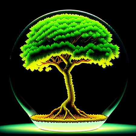 highly detailed, high quality, round shaped tree, tree floating, glowing tree, roots, above transparent water,