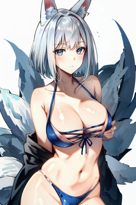 <lora:kaga_everlasting_killing_stone-09:0.8>kaga(everlasting killing stone), closed mouth, solo, white background, cameltoe, white hair, swimsuit, simple background, navel, blue eyes, fox ears, large breasts, tail, fox girl, short hair, animal ear fluff, multiple tails, collarbone, cleavage, looking at viewer, blue bikini, bikini pull, blush, fox tail, animal ears, bikini, 1girl