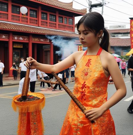 1girl,ganjo,A young oracle, known as a "Ji Tong" in Taiwanese folk religion, is captured in a moment of trance-like intensity. Dressed in vibrant, traditional garments adorned with intricate embroidery and talismans, the Ji Tong is in the midst of a ritual. The setting is a bustling Taiwanese temple, filled with the smoke of incense and the fervent energy of devotees. The Ji Tong holds ritualistic tools in hand, perhaps a pair of crescent-shaped wooden blocks or a spiritual sword. The lighting is dramatic, casting shadows that accentuate the oracle's focused expression and the intricate details of the garments. The atmosphere is thick with the scent of incense and the murmurs of prayers, adding a layer of sensory depth to the image. Medium: Digital Photography. Style: Photojournalistic with a focus on cultural authenticity. Lighting: Natural temple lighting supplemented with soft, directional light to highlight the Ji Tong. Colors: Rich and vibrant to capture the essence of the ritual garments and temple decorations. Composition: A close-up shot that captures the Ji Tong and the immediate surroundings, with a blurred background to focus attention on the subject. Use photo hyper-realism, highly detailed, and high-resolution,<lora:dangi:0.75>,