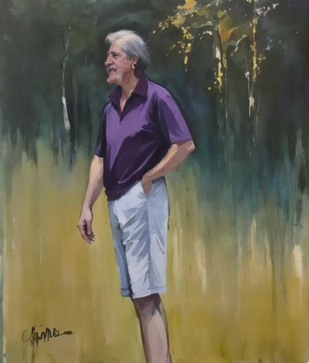 (standing:1.5) , art by Charles Robinson, Painterly baris_manco, Acting, wearing Quartz Capri shorts, lush woods, at Nighttime,  <lora:baris_manco-000007:0.9>