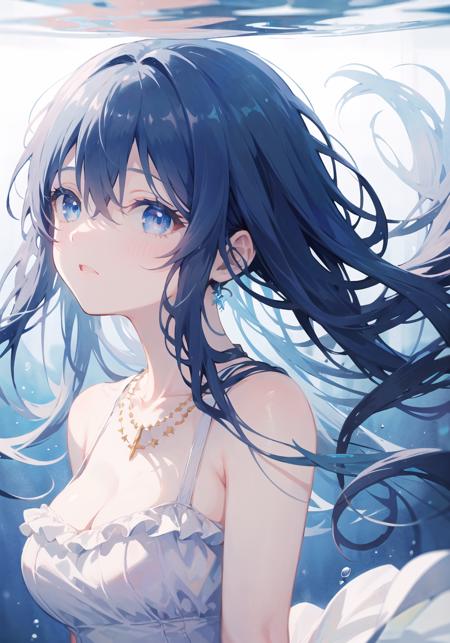 masterpiece, best quality,
dress, 1girl, long hair, jewelry, necklace, bubble, underwater, white dress, blue eyes, blue hair, air bubble, hair between eyes, solo focus, blue theme, frilled dress, reaching towards viewer, looking at viewer, bangs, frills, collarbone, very long hair, floating hair
<lora:Masheng-000002:1>