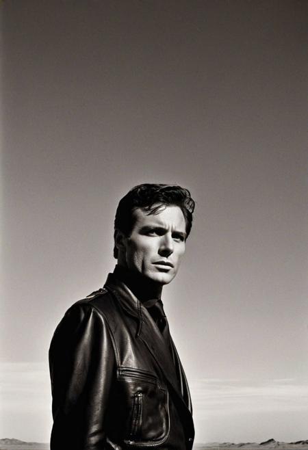 In this captivating portrait, a figure clad in a leather jacket and tie channels the iconic presence of Paul Atreides as Emperor of Dune, his demeanor exuding both authority and introspection. Against a backdrop reminiscent of Dune's cinematic landscape, featuring wide panoramic views and minimalist characters in silhouette, Albert Watson's high-contrast black and white photography technique captures the intensity of the subject's gaze, inviting viewers to delve into the enigmatic depths of power and perception. With a surreal calm permeating the scene, the image serves as a visual metaphor, juxtaposing elements of ruggedness and refinement to evoke contemplation on the complexities of human existence. Through this masterful play on perception and conceptual portraiture, the photograph transcends mere representation to become a timeless exploration of identity and introspection, inviting viewers to ponder the mysteries that lie within.