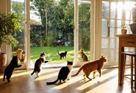 jumping, playing, running, The owner opened the door and went home, pleasantly surprised to find a group of cats playing happily in the sunny living room. This scene is full of warmth, vitality, and happiness, showcasing the harmonious coexistence between humans and animals. The owner opened the door, the cats played in the living room, enjoying the sunshine, warmth, vitality, happiness, and harmony, (multi-cats)