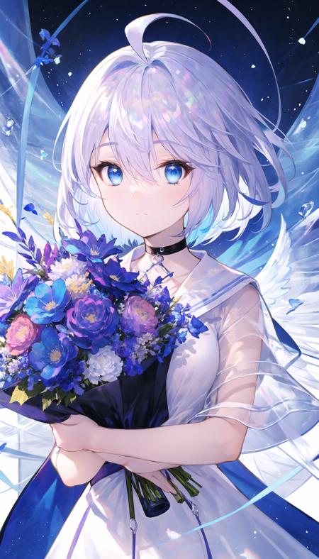 1girl, solo, blue eyes, short hair, hair between eyes, bangs, wings, ahoge, closed mouth, white hair, upper body

dress, short sleeves, choker, black choker


flower, bouquet, blue flower, purple flower, white flower, holding, holding bouquet, looking at viewer, expressionless

<lora:fuzichoco-000010:0.8>