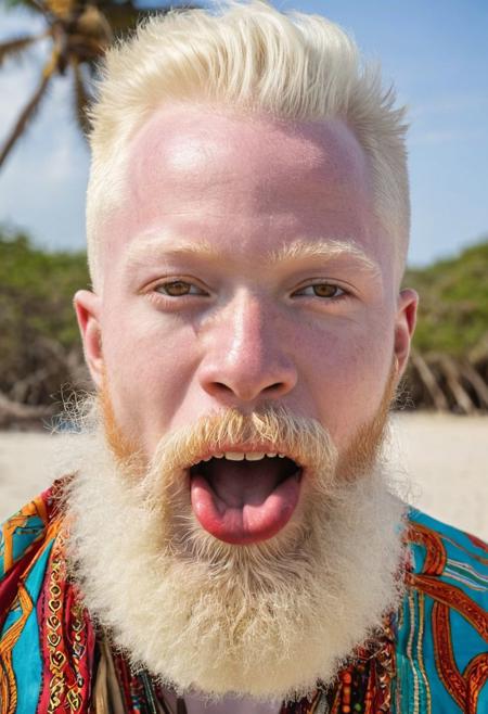Crazy Beard Day, albino African man, with brown eyes, with crazy beard, weird and unusual beard style, traditional accessories or beard colors, funny face with tongue out, traditional Tanzanian clothes, portrait, hyper-realistic, action scene, comedy, on a beach from Tanzania, blurred background, [prompt created by Kico Toralles]