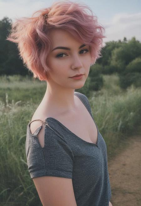 instagram photo, photo of a 24 y.o woman, short coloured hair, fair skin, wearing top with low neckline, outdoor