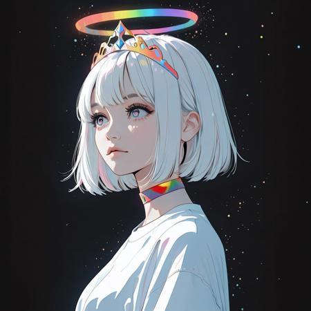 Semireal, semirealistic, masterpiece, best quality, absurdes, simple black background, rainbow side lighting, shoulder up, from side, cel shading:1.3, western art /(style/), (straight on), 1girl, looking to the side, large eyes, rainbow iris, rainbow halo, bob cut, white hair, tiara, rainbow choker, white tshirt