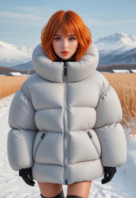Oversized padded down jacket, Oversized padded puffer jacket, Oversized padded winter clothes, down vest, puffer vest, very very cold, cowboy shot, snow, winter, field, snow field, outdoors, nature, standing, landscape, high distinct image, gloves, Realistic, artstation original character, masterpiece, best quality, highres, ultra_detailed, 4k, UHD, pixiv, ligne claire, noise reduced, distinct, vivid, orange hair, unreal engine, orange eyes, hair ornament, sidelighting, detailed face, lipstick, perfect body, beautiful eyes, pretty face, 1girl, bishoujo, cant be this cute, bright skin, young girl, bangs, short hair, padded cuffs, padded collar, Thick padded cuffs, Thick padded collar, <lora:Collar-SDXL:0.6>, <lora:Cuffs-SDXL:0.6>, <lora:Puffer_Jacket_and_Down_Jacket_-_Extra_Puffy_Jackets:0.6>,  <lora:puffer_skirt_v1:0.6>