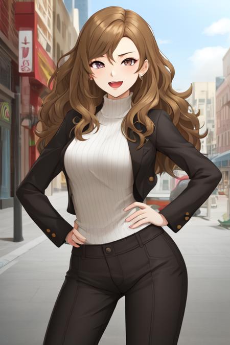 best quality, masterpiece, <lora:SMTDoiStyle:0.7>SMTDoiStyle, 1girl, ;D open mouth, wavy hair, looking at viewer, hand on hip, city,