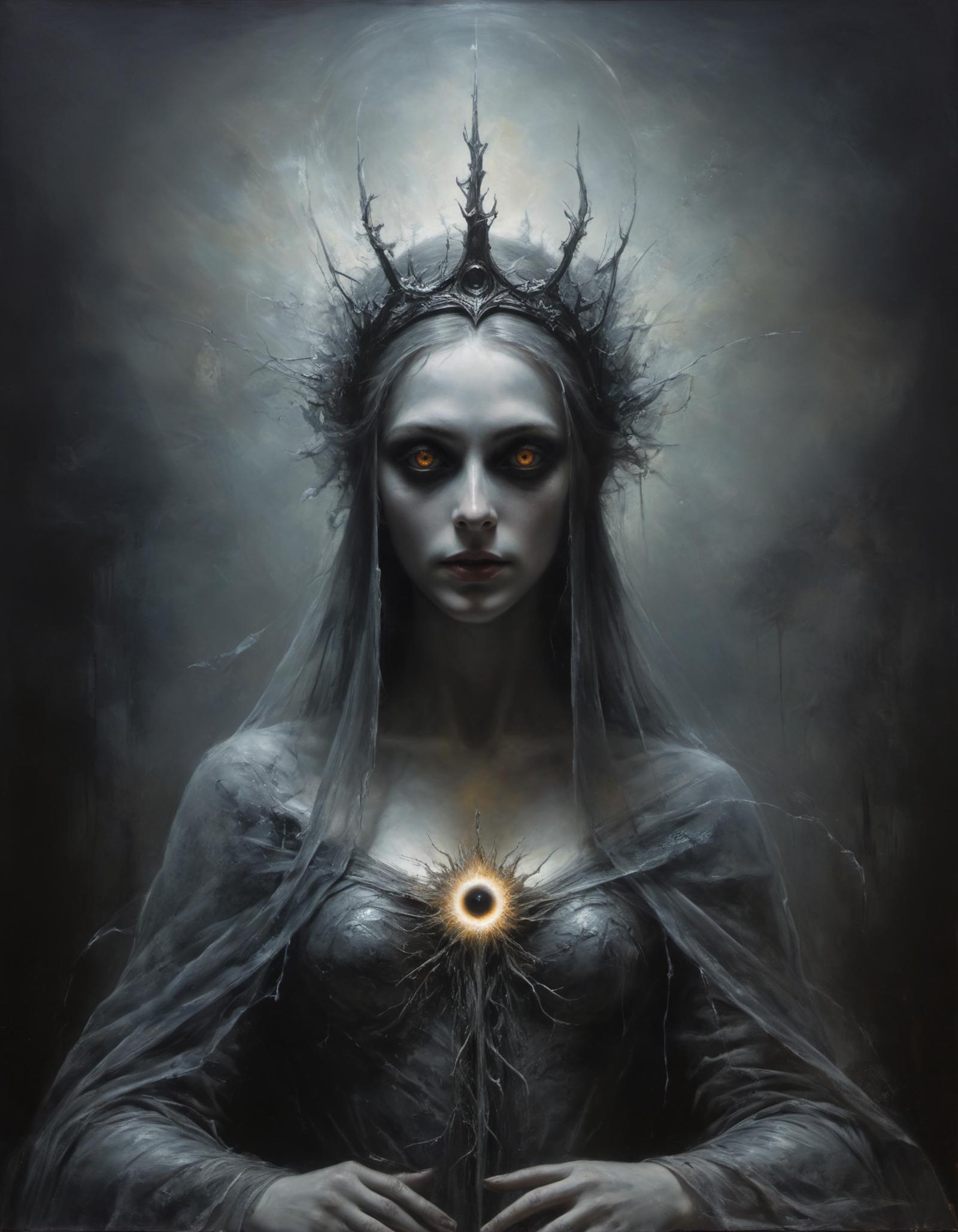 A Dark and Evil Painting of a Woman with a Crown and Sword, Created by a Skilled Artist