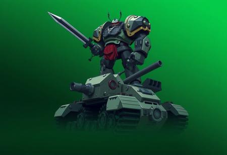 Create a high-quality, ultra-detailed image of a robot Big Cannon Ogre standing on top of an Ancient Gear Tank, with a gradient from green to black. The Ogre should be a handsome, Frankenstein-like character holding a jagged scimitar. Incorporate correct, fancy proportions and symmetry. Draw inspiration from the styles of Ilya Kuvshinov, Katsuhiro Otomo, Magali Villeneuve, Artgerm, Jeremy Lipkin, Michael Garmash, and Rob Rey, as well as the aesthetic of Riot Games.