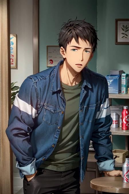 yamazaki sosuke\(free!\), solo, 1boy, looking at viewer, upper body, black hair, green eyes, black pants, male focus, blue jacket, gray shirt, Coke, holding can