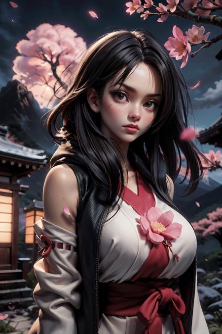 (absurdres,official art,unity 8k wallpaper,ultra detailed,High quality,best quality),(best quality, masterpiece),(1girl, miko, coat, expression face, black eyes, looking at front ,black hair, walking, upper body),(night strray sky, huge old tree behind, falling glowing pink petals behind, shrine behind, mountain background, blowing wind, meteoric cloud),