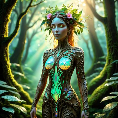Opal_Fantasy, W00dF4nt4sy, A breathtaking full-body portrait of a mystical woman made entirely of smooth, ancient wood, her sculpted form adorned with natural carvings resembling tribal patterns. Vines and moss gracefully weave around her limbs, while her emerald-green eyes glow with wisdom and mystery. She wears an exquisite, flowing outfit made from shimmering opal, its iridescent hues of blue, pink, and violet shifting like liquid light against her wooden skin. Her long, vine-like hair cascades down her back, intertwined with blooming flowers and glowing bioluminescent fungi, she stands tall in a lush, enchanted jungle, surrounded by towering trees, misty waterfalls, and vibrant, oversized exotic plants. The golden sunlight filters through the dense canopy, casting ethereal shadows on the soft, mossy ground. Tiny fireflies and magical energy swirl around her as she gracefully blends with nature. The scene is rich in detail, with a harmonious mix of deep greens, earthy browns, and luminous opal tones, creating a mesmerizing, fantasy atmosphere, The image is highly detailed, with intricate patterns in the opal dress and a rich, vibrant color palette, sharp focus, fine details, high quality, precise, high resolution, 4k, 8k,