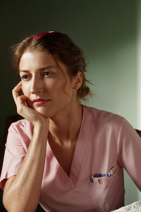 1girl, nurse, scrubs, worried expression, chin on hand, table, at hospital, female focus, photorealistic, soft colors, masterpiece, high quality, (high detailed skin:1.1)
<lora:kelly_macdonald_lora_v01:1> kelly76