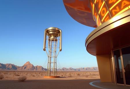 avant-garde, retro futurism , gold and chrome, daylight, california desert, 1970s, robert T, techno style