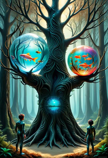 This is a highly detailed digital artwork by artist David Revoy, showcasing a surrealistic scene in a forest. The central figure is a humanoid tree with gnarled, twisting branches forming its body. The figure holds a large, transparent sphere containing vibrant, colorful fish, which contrast sharply with the muted, earthy tones of the tree. The background features tall, misty trees, creating a mystical atmosphere. The lighting is soft and diffused, likely simulated to mimic natural light, enhancing the ethereal quality. The depth of field is shallow, keeping the focus on the tree figure and the fish sphere, while the background is slightly blurred. The image has no visible watermarks or JPEG artifacts, and the aesthetic quality is very high, with intricate textures and a captivating blend of organic and surreal elements.