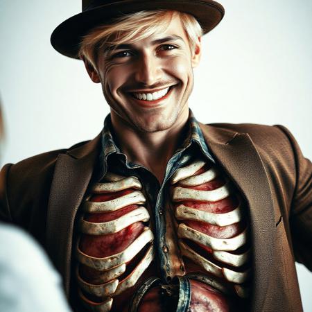 A man is smiling and looking at the camera. He is very handsome, has blond hair, and wears a hat over it. He is wearing a shirt and a blazer over it and brown pants.his half-chest is exposing his rib cage. With no flesh on it. Bones over his half-chest are fully exposed. He is trying to control his pain and smiling. A woman in front is in shock looking at him. He is trying to reach her for help. The woman is perplexed and in awe. Super realistic, high-definition picture with, realistic skin tone , super realistic human, super realistic skin definition picture , vintage picture style