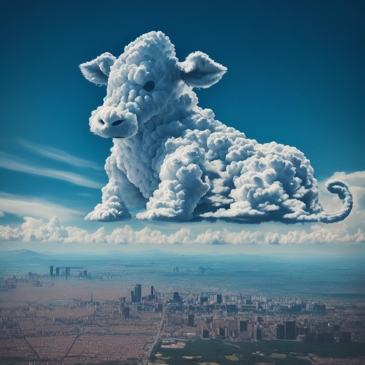 A Cow Flying in the Sky Above a Large City