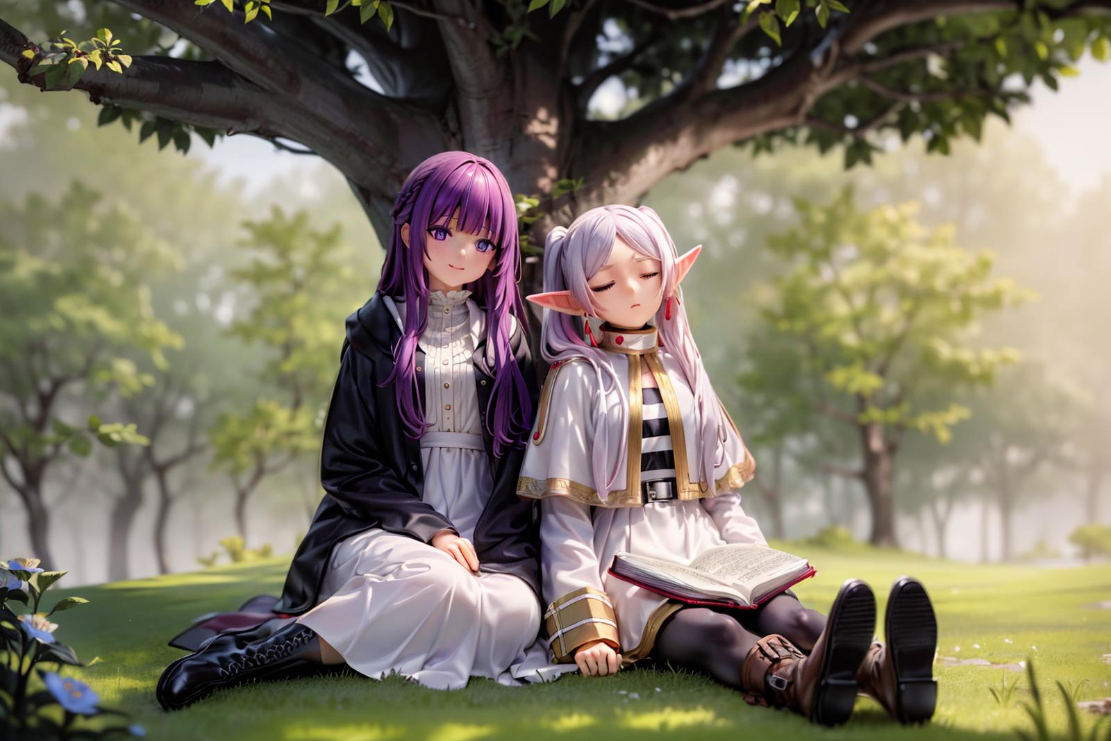 Two female characters sitting on the grass under a tree.