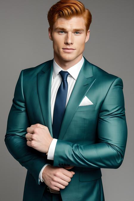 young man wearing formal suit, [scott eastwood: adelaideKane: 0.6], ginger hair, athletic body, symmetrical green eyes,
mid-twenty, high detailed skin, 
upper body, HD, solid background, realistic, proportionate body, RAW Photo, 
<lora:breastsizeslideroffset:-0.4>