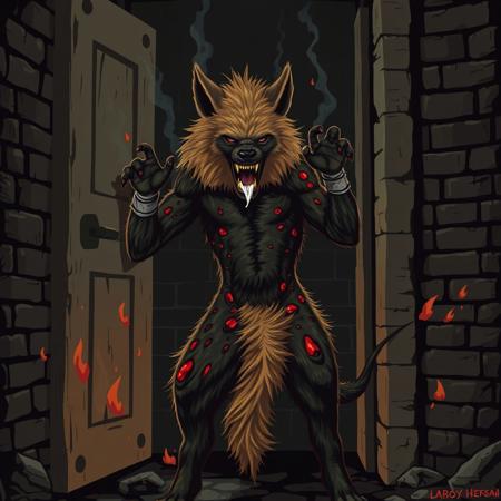Female animal, covered with fur, anthro furry hyena slams door open, view from other side, berserk mode, in dungeon, brick walls, severe burns all over body, covered in burned fur patches, in rage, in pain, foam on mouth, flat colors, digital art
