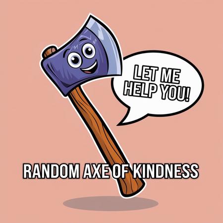 poster of a cute axe with speech bubble "Let me help you", below the axe the title says "Random Axe of Kindness"