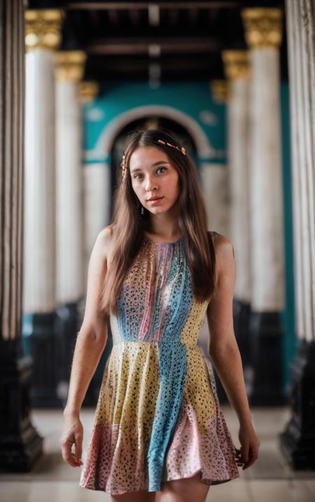 beautiful 27 yo Portuguese woman adult face,  body, (photo of cute beautiful (((27 years old))) (nadbreaty:0.99), a woman, (((walking in a temple))), modelshoot style, (extremely detailed CG unity 8k wallpaper), photo of the most beautiful artwork in the world, professional majestic (photography by Steve McCurry), 8k uhd, dslr, soft lighting, high quality, (film_grain:1.2), (bokeh, blurry foreground, blurry background), Fujifilm XT3 sharp focus, f 5.6, High Detail, Sharp focus, dramatic, (((wearing colorful_hippie_dress))), (looking at viewer:1.2), (detailed pupils:1.3), (natural light), (((medium-long shot:1.3)))