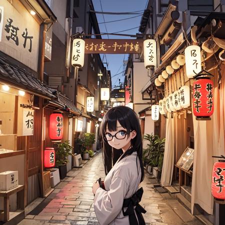 best quality, ultra-detailed, illustration,
1girl, glasses, solo, black hair, long hair, smile, looking at viewer, upper body, face focus,
scenery, lantern, paper lantern, outdoors, building, sky, architecture, road, east asian architecture, japanese clothes, sign, street, city, power lines, pavement, night
 <lora:houzenji_yokocho_SD15_V1:0.8>