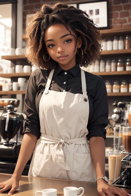 (masterpiece, best quality), black girl, curly hair, barista