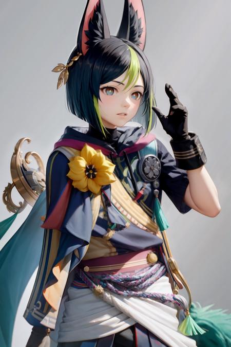 masterpiece, best quality,tighnari (genshin impact), 1boy, animal ears, male focus, multicolored hair, yellow flower, medal, fox ears, black hair, green hair, green eyes, gloves, animal ear fluff, solo, vision (genshin impact), asymmetrical sleeves, fox boy, tassel,  (grey background:1.4),(kbxll:0.6)