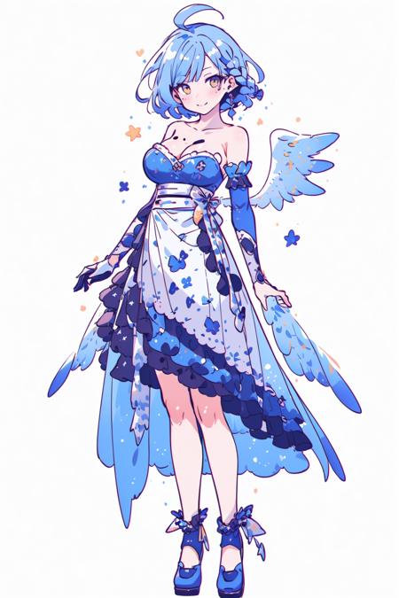 <lora:powderblue:1>, 1girl, virtual youtuber, breasts, mole, solo, gloves, mole under mouth, dress, elbow gloves, smile, wings, full body, looking at viewer, large breasts, blue hair, white gloves, blush, long dress, closed mouth, standing, white background, bangs, cleavage, yellow eyes, braid, blue footwear, feathered wings, frills, simple background, straight-on, mole on breast, collarbone, short hair, blue dress, strapless, strapless dress, white dress, french braid, see-through, medium hair, tachi-e, shoes, frilled dress, angel wings