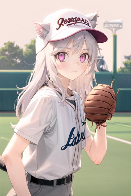 <lora:naoko:1>1girl, solo, hat, belt, shirt, sportswear, bangs, pink eyes, looking at viewer, simple background, animal ears, long hair, short sleeves, cat ears, white shirt, pink headwear, closed mouth, grey hair, baseball uniform, baseball cap, black background