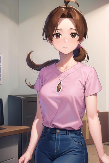 deliaketchum, brown hair, (brown eyes:1.7), parted bangs, (ahoge:1.5), ponytail, low ponytail, shirt, pink shirt, short sleeves, skirt, blue skirt, long skirt,