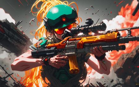 sci-fi anime style (spaghetti futurism)+ shock trooper wielding a spagrifle in battle, smoke, epic composition, action scene