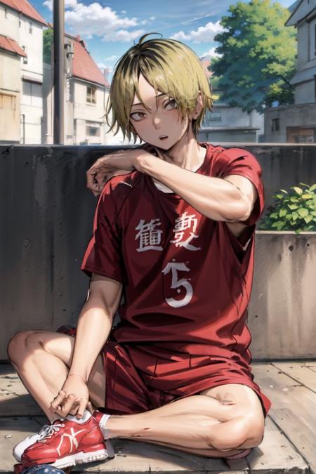 masterpiece, best quality, 1boy, <lora:kenma:0.8>, solo, male focus, icon, blonde hair, black hair, multicolored hair, sportswear, red shirt,  short sleeves, red shorts, sneakers, sitting, blue sky, looking at viewer