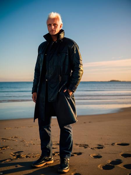 <lora:roy_batty-black jacket-29:1> roy_batty,black jacket,blue pants,standing,at beach,golden hour,masterpiece,bokeh,dof,soft lighting