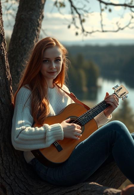 A surreal and hyper-realistic scene featuring a classical beauty with beautiful ginger hair, wearing blue jeans and a white jumper. The intricate details of her attire are highlighted, set against a dreamy, ethereal lake background. The scene is illuminated with soft, magical lighting, enhancing the otherworldly and enchanting atmosphere, sitting in a tree overlooking the forest and lake, playing an acoustic guitar. It is sunny.
surreal, hyper-realistic, classical beauty, blue jeans, white cozy jumper, beautiful (deep dark brown) eyes, pale white skin, pale skin, intricate details, dreamy background, ethereal, warm magical lighting, warm lighting, enchanting, visually stunning, high quality, detailed, sharp clarity, breathtaking, elegant, graceful, relaxed, small gentle smile, cute, redhead, sexy, cute hairstyle, 
looking at viewer, long hair, pretty girl, small medium breasts, beautiful girl, holding an acoustic guitar, playing an acoustic guitar,