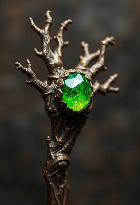 A Highly Detailed Ancient Branch shaped Scepter With A Lime green Gem embedded in it