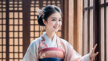 masterpiece,best quality,1girl,in hanfu,upper body,looking at viewer,smile,simple background <lora:meinv_v2:0.8>