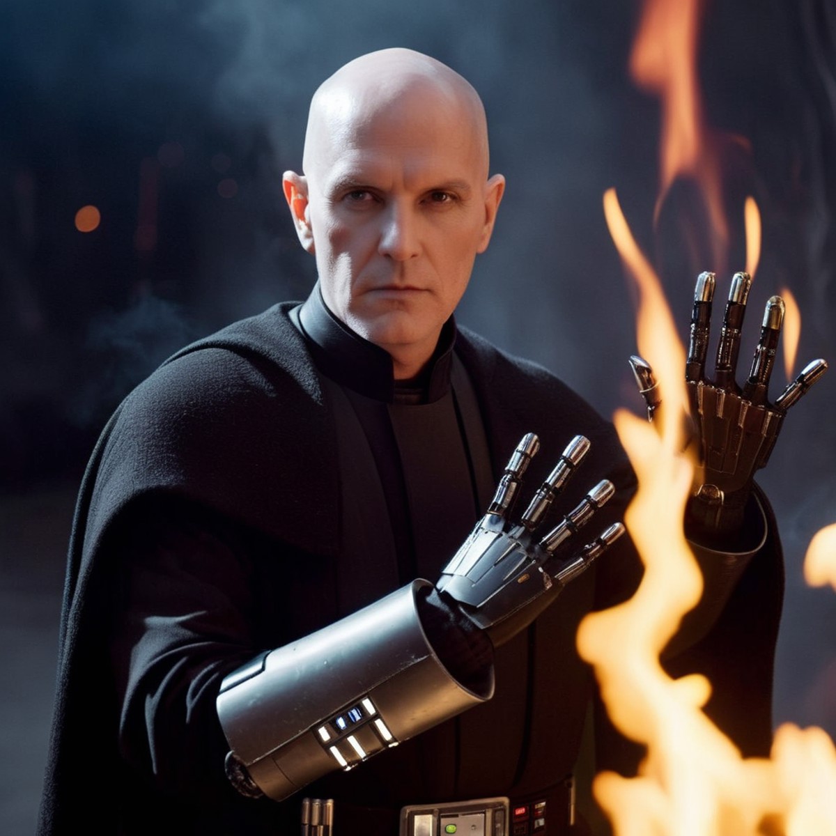 cinematic film still of  <lora:Darth Vader:1.5>
r a bald white face man with shiny eyes and a robotic prosthetic perfect s...
